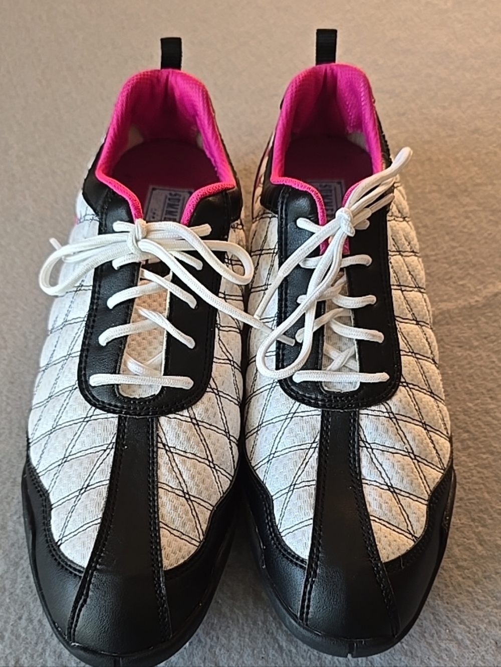 Women's Quilted White and Black Lace-Up Sneakers with Pink Lining Golf Comfort